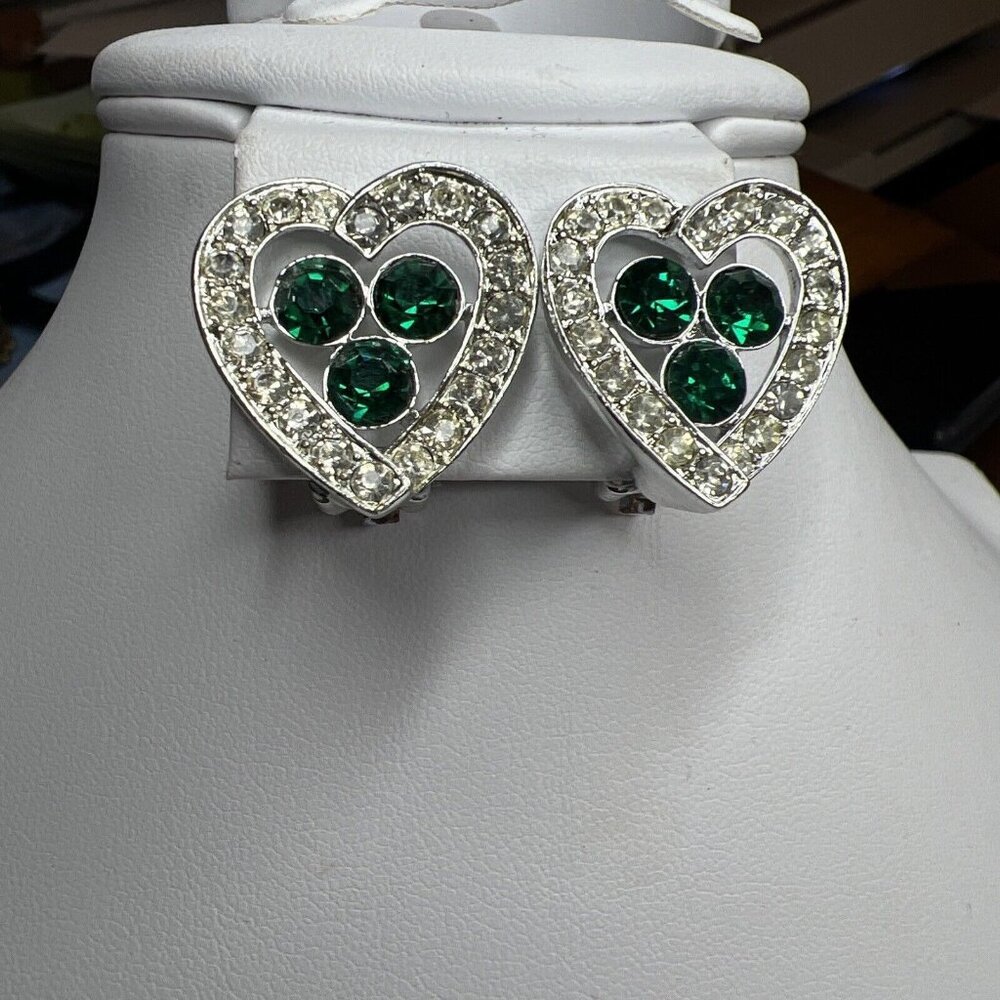 Sarah Coventry Silver Tone Emerald Green & Clear Rhinestones Heart Clip Earrings